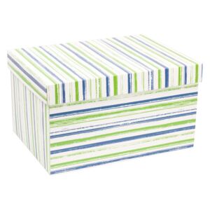 Darčeková krabica s vekom 350x250x150 mm, VZOR - PRUHY zelená/modrá
