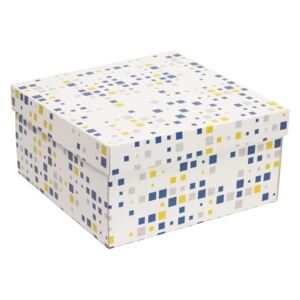 Darčeková krabica s vekom 300x300x150 mm, VZOR - KOCKY modrá/žltá