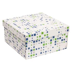 Darčeková krabica s vekom 300x300x150 mm, VZOR - KOCKY zelená/modrá