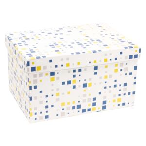 Darčeková krabica s vekom 350x250x150 mm, VZOR - KOCKY modrá/žltá
