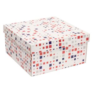 Darčeková krabica s vekom 300x300x150 mm, VZOR - KOCKY fialová/koralová