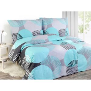 Krepové posteľné obliečky - vzor 649 tyrkysové kruhy na sivom