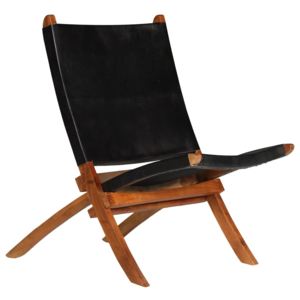 Skladacia relaxačná stolička, čierna, pravá koža